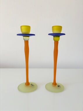 1980s Memphis Style Pair Satin Frosted Glass Candle Holders Pop Art Candle Stick